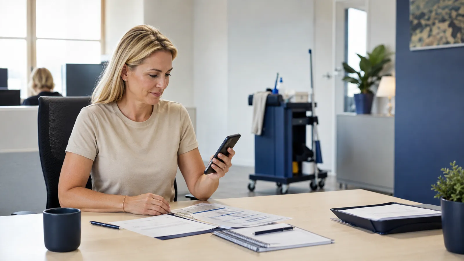 Rengøringsleder ved et bord med mobiltelefon, vagtplan og en enkel tjekliste på et lyst kontor