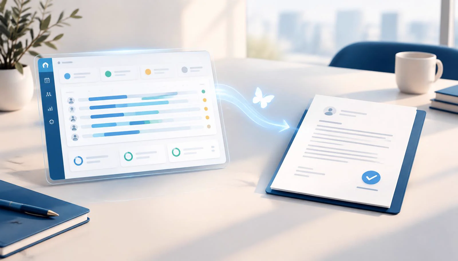 Digital driftsopfølgning føres over i et formelt dokument med en diskret sommerfugl som symbol på Clean de Luxe platformen