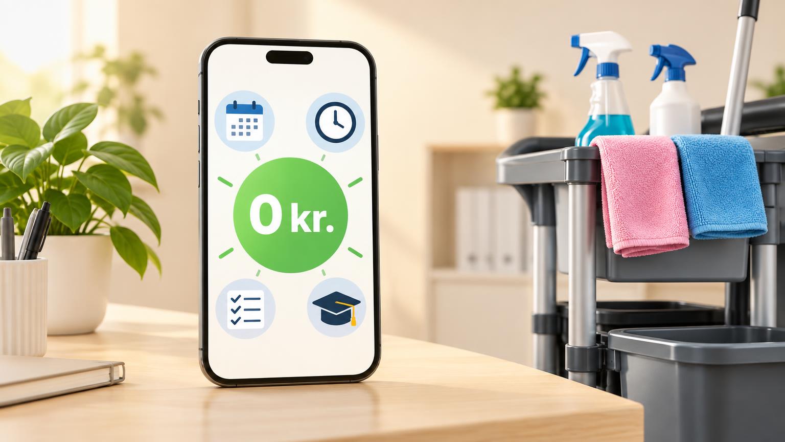Smartphone med et grønt 0 kr. mærke ved siden af en ryddelig rengøringsvogn