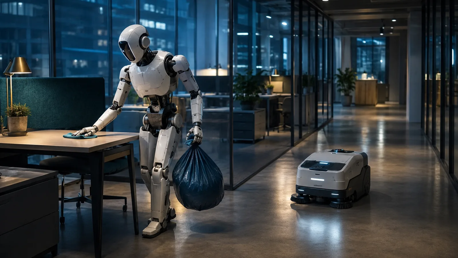 Humanoid servicerobot og selvkørende gulvrobot rengør et moderne kontor om natten