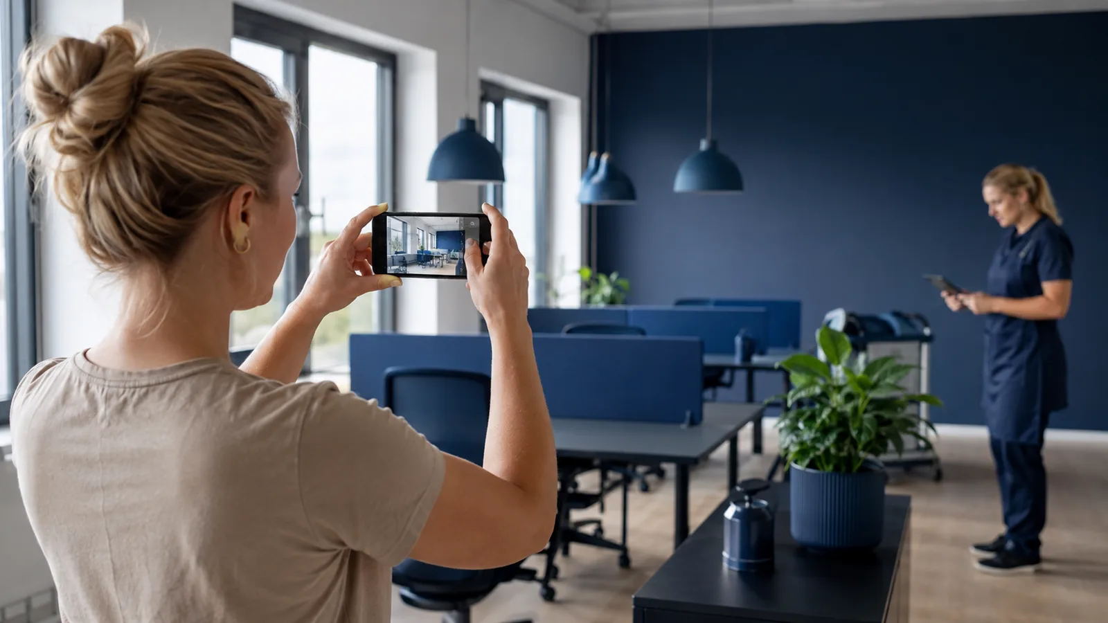 Medarbejder tager et billede af et nyrengjort kontorlokale med mobiltelefon