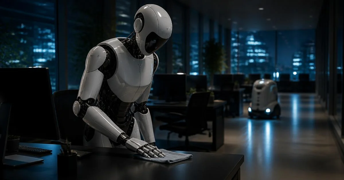 Humanoid robot udfører rengøring i et kontor om natten sammen med en autonom gulvvasker