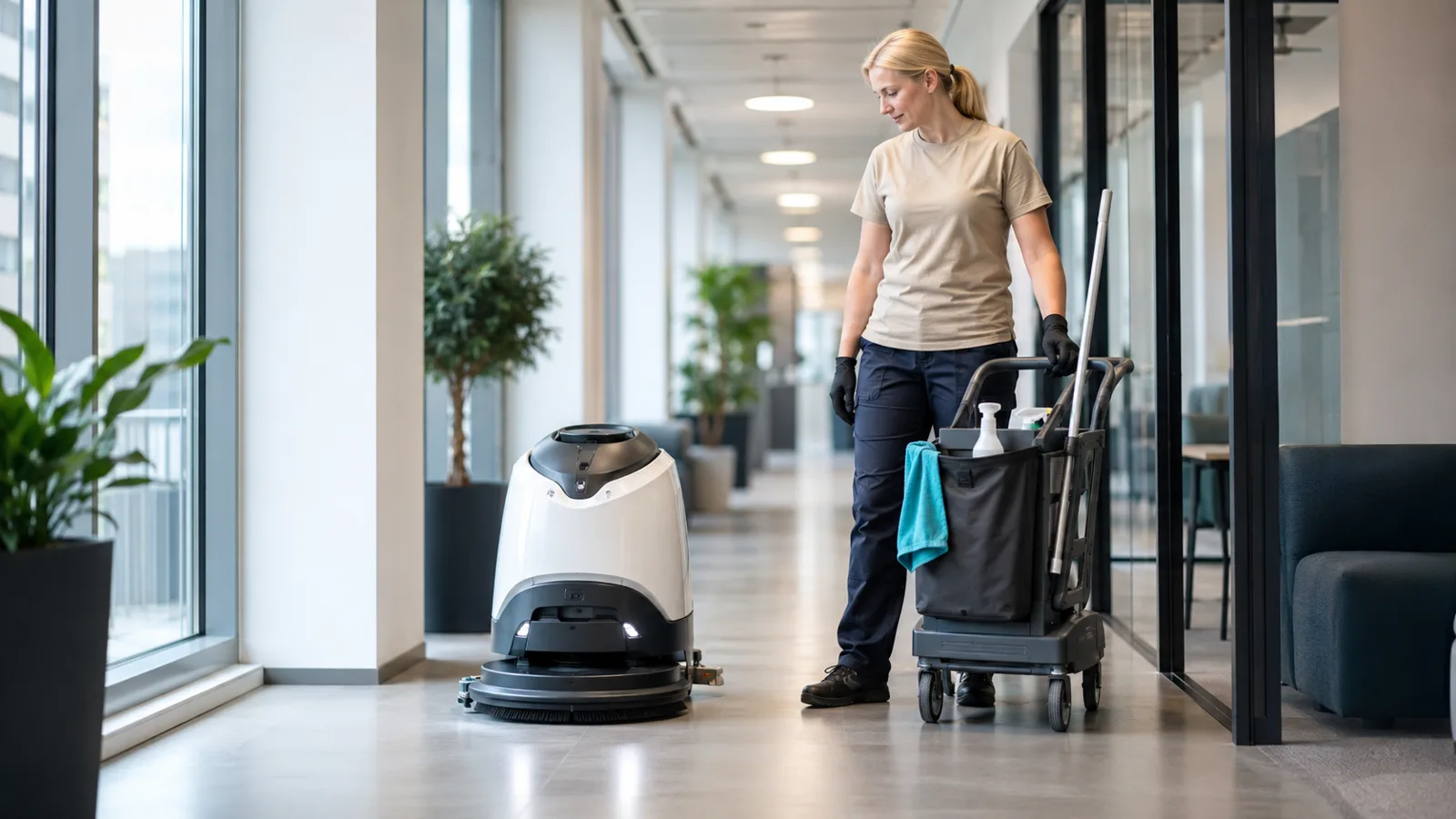 Gulvrengøringsrobot og rengøringsmedarbejder arbejder side om side i et moderne kontor