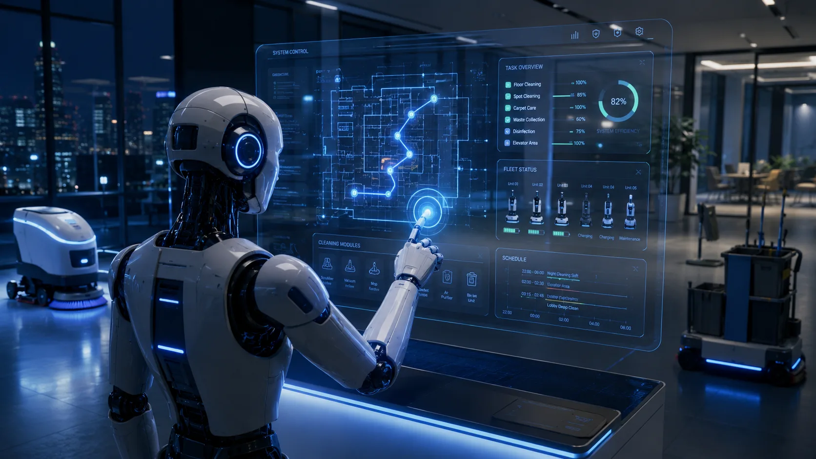 Humanoid robot betjener et stort holografisk kontrolpanel med rengøringsopgaver, flådestatus og vagtplan i en kontorbygning om natten